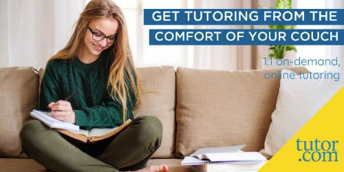 Student on couch with laptop with text Get tutoring from the comfort of your couch