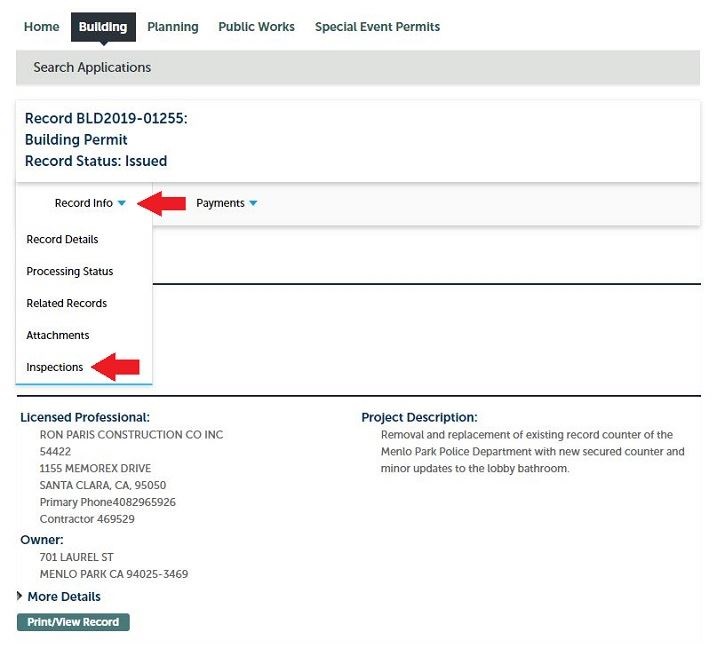 Inspection Scheduling: Record Page