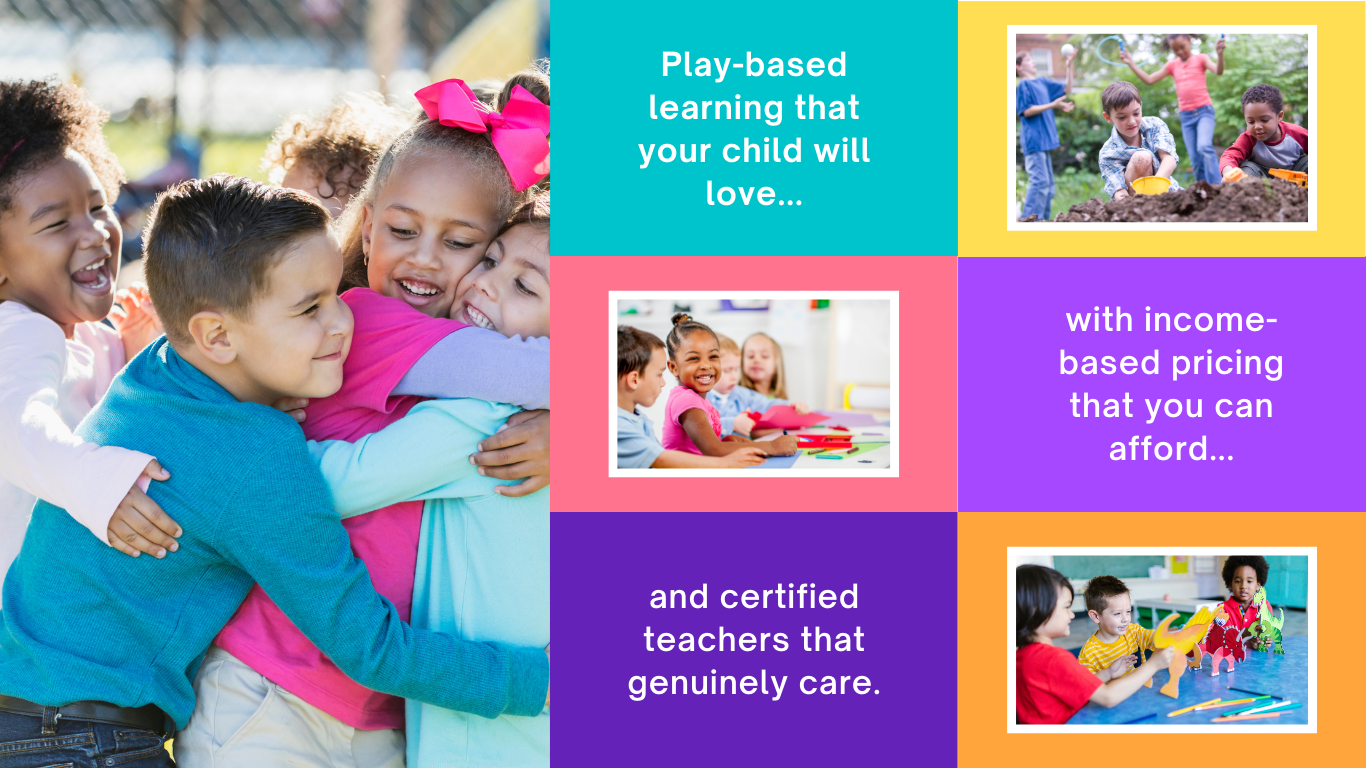 Colorful images of children hugging, playing, and building.