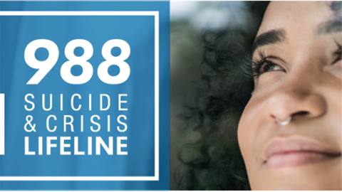 988 Suicide Crisis Lifeline banner with photo of individual smiling