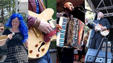 Collage of musicians performing with woman with blue hair singing, close up of guitar, man playing accordion and man playing guitar