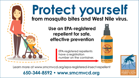 Protect Yourself from mosquito bites and West Nile Virus banner. Information linking to smcmvcd.org for more information.