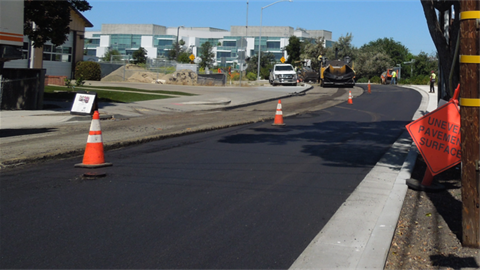 Street pavement with traffic cones
