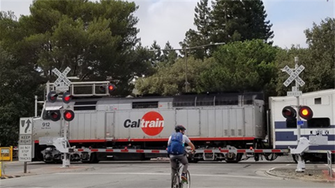 Bicyclists waiting for Caltrain train at an at grade crossing
