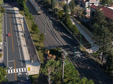 Photo simulation of the proposed Middle Avenue Caltrain crossing looking south from above