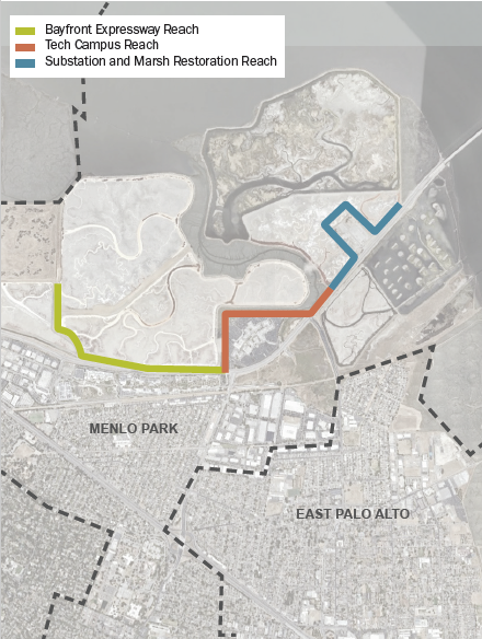 Project reach map highlighting the Bayfront Expressway Reach, the Tech Campus Reach, and the Substation and Marsh Restoration Reach